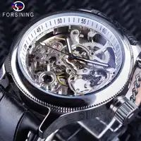 Forsining นาฬิกาแฟชั่น Silver Skeleton นาฬิกาออกแบบนาฬิกาข้อมือผู้ชายส่องสว่างหนังแท้สีดำ