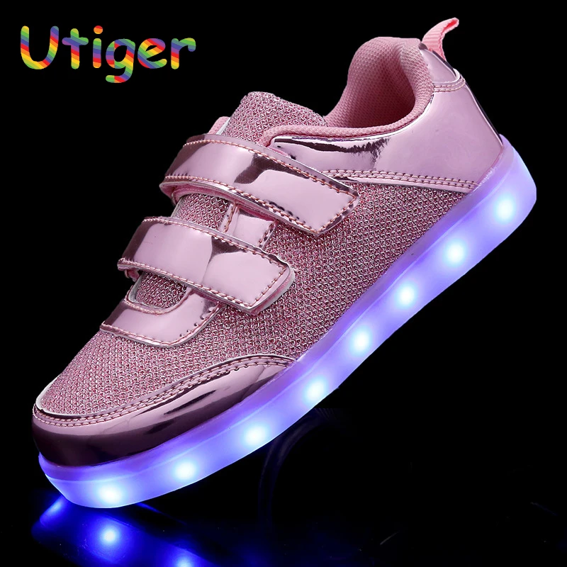 Светящаяся обувь для мальчиков и девочек; USB зарядное устройство; детский светящийся светодиодный светильник; кроссовки; детская спортивная обувь для бега; Размеры 25-37; цвет РОЗОВЫЙ, золотистый, серебристый
