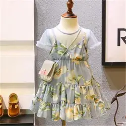 Комплект для девочек детская одежда 2018 корейские летние свежий сладкий Лили Сетчатое платье принцессы цветочный поддельные два