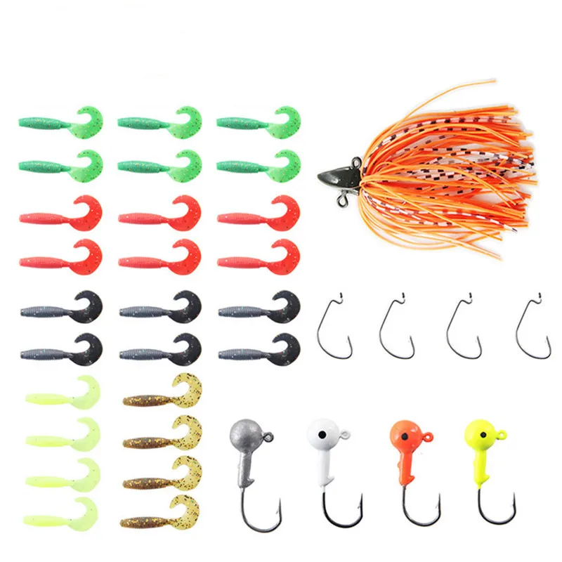 Fishing Lure Kit 35pcs soft lure worm curly tail Jig lead Head Hooks Crank hook carp fishing tackle Accessories pesca