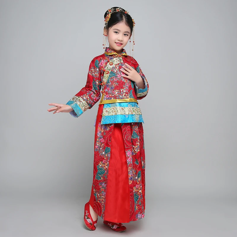 Китайский народный танец костюм hanfu костюм династии Тан Национальный для девочек платье феи детское древних Винтаж xiuhe Свадебное платье