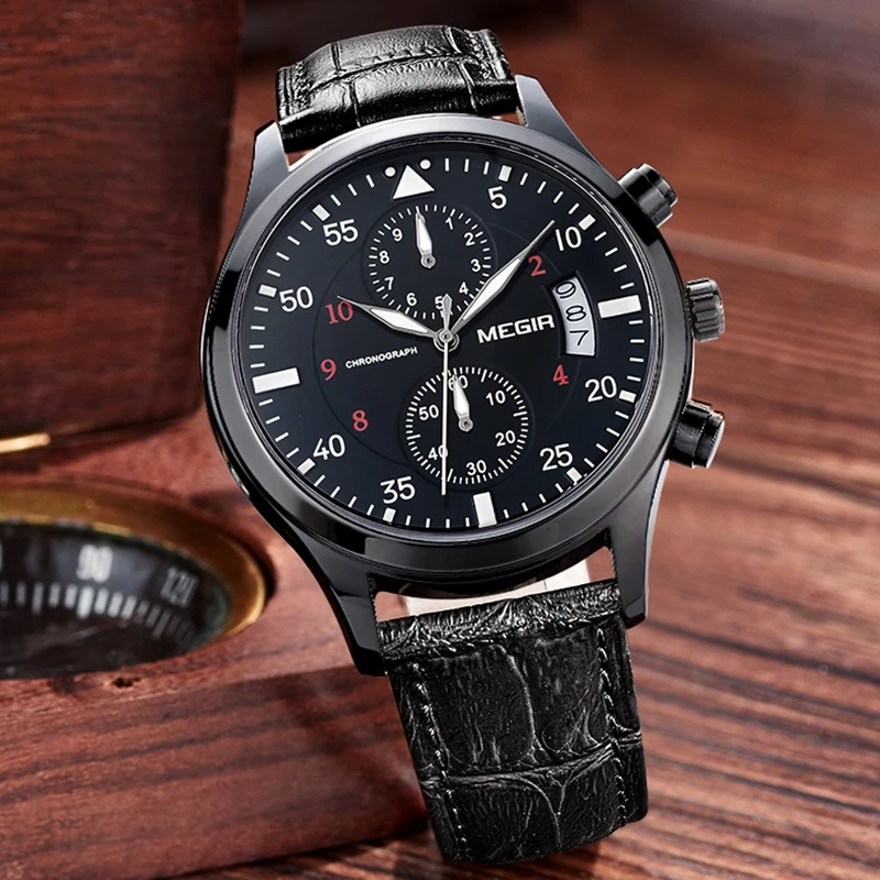MEGIR Mens Watches Luxury Brand Wrist Watch Quartz Leather Chronograph Waterproof Sport Male