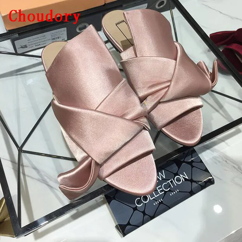 Choudory Fashion Women Satin Slides Slippers Korean Style 2017 Summer Women Casual Silk Shoes Outdoor Flat Heel Bowtie Sandals
