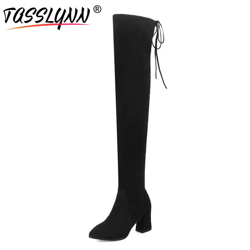 

TASSLYNN 2018 Women Winter Boots Zipper Thick High Heel Winter Shoes Over The Knee Boots Pointed Toe Lace Up Woman Boots Size 39