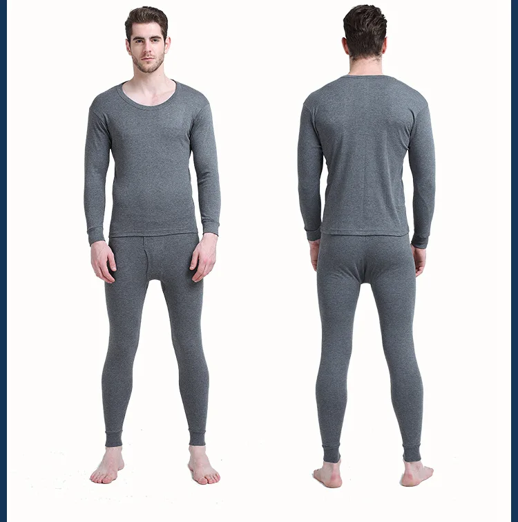 Хлопок зима круглый вырез теплые кальсоны набор для мужчин Ультра-мягкие однотонные тонкие термобелье мужские пижамы