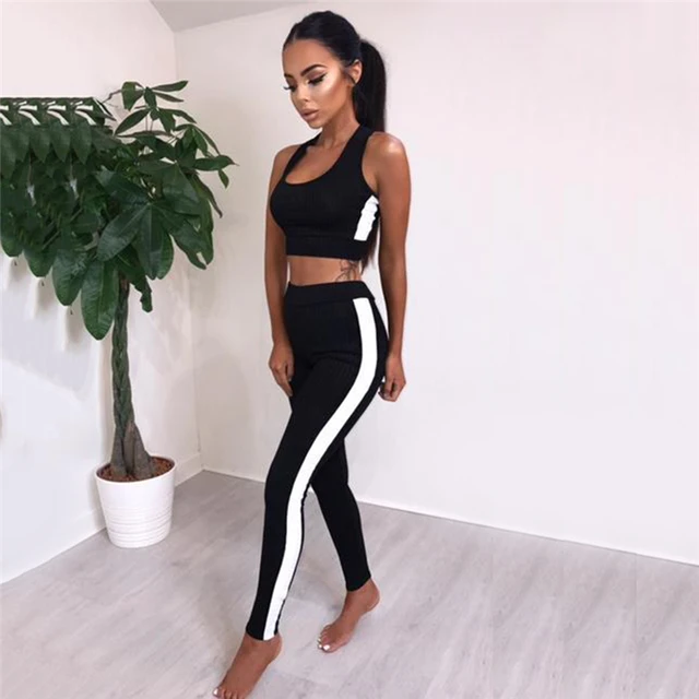 Cheap Women Tracksuit Yoga Set Strip Patchwork Running Fitness Jogging T-shirt Leggings Sport Suit Gym Sportswear Workout Clothing