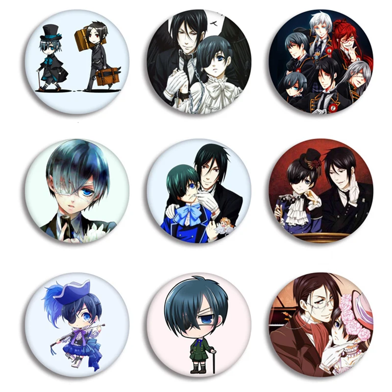

Hot Anime Black Butler Brooches Badge Fashion Round Metal Sebastian Michaelis Brooch Pin Jewelry Graduation Gift Collections
