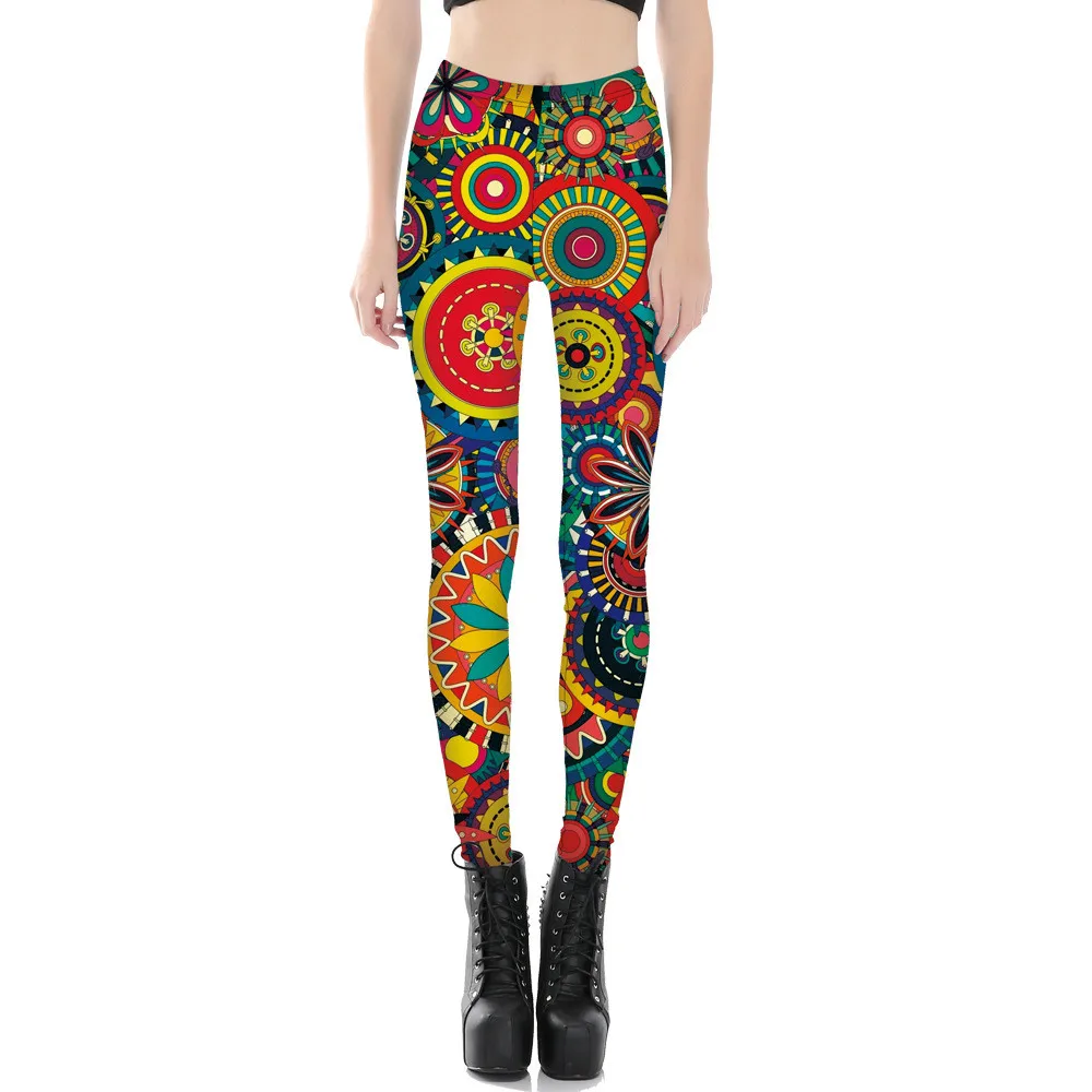 Women Colorful Gear Print Leggings Fitness Workout Cheerleader Rooter