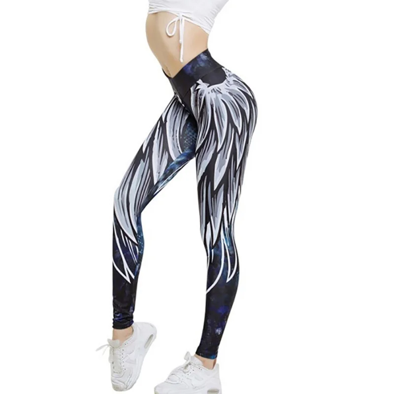 

Running Sportswear Stretchy Women Yoga Pants Sports Fitness Leggings Seamless Tummy Control Angel Wings Print Yoga Nine Pants