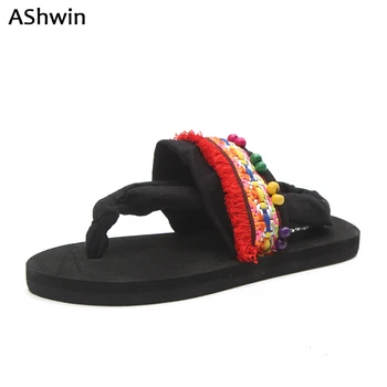 

AShwin bohemia sandals flats summer women flip flops sandal handmade beach thong slippers ethnic pearls pendants national sylish