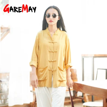 

GareMay Blouses Woman 2020 Womens Tops and Blouses Chinese Style Vintage Long Sleeve Chiffon Blouse Women Shirts Cotton Linen