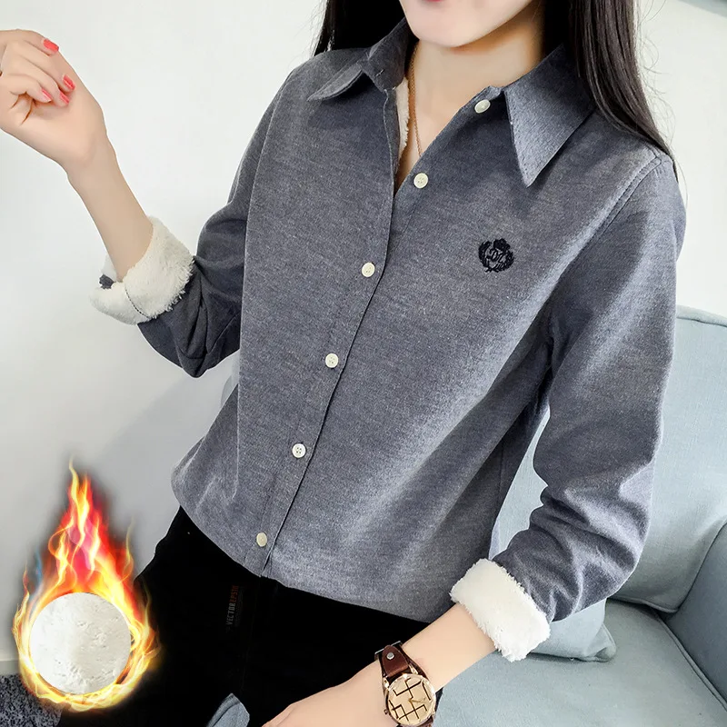  Women Autumn Winter Blouses Fashion Long Sleeve Lapel Plus Size Shirts Cotton Cashmere Blouse Femal