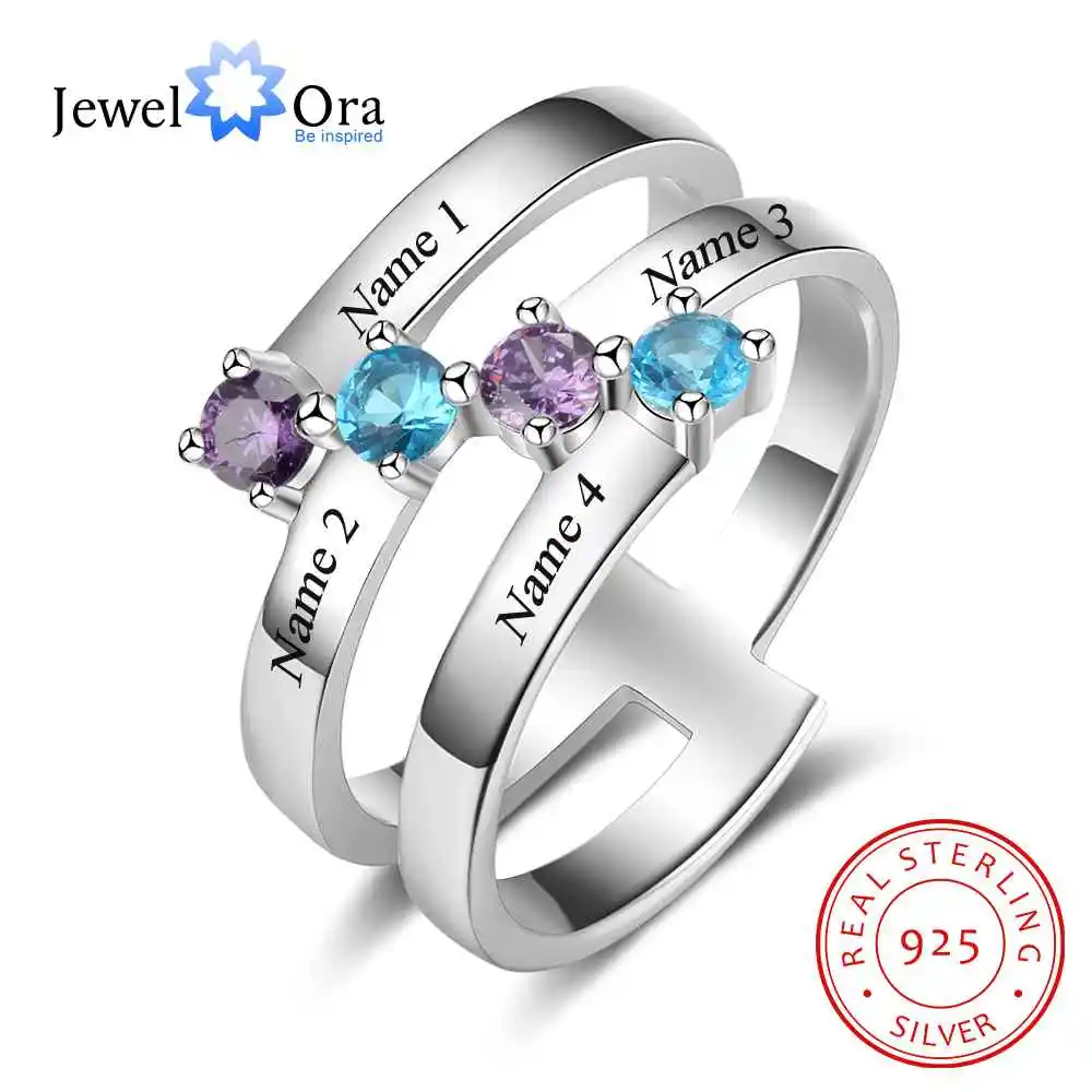 Personalized Gift for Family Engrave 4 Names Childrens Birthstone Promise Rings 925 Sterling Silver Jewelry (JewelOra RI103281)