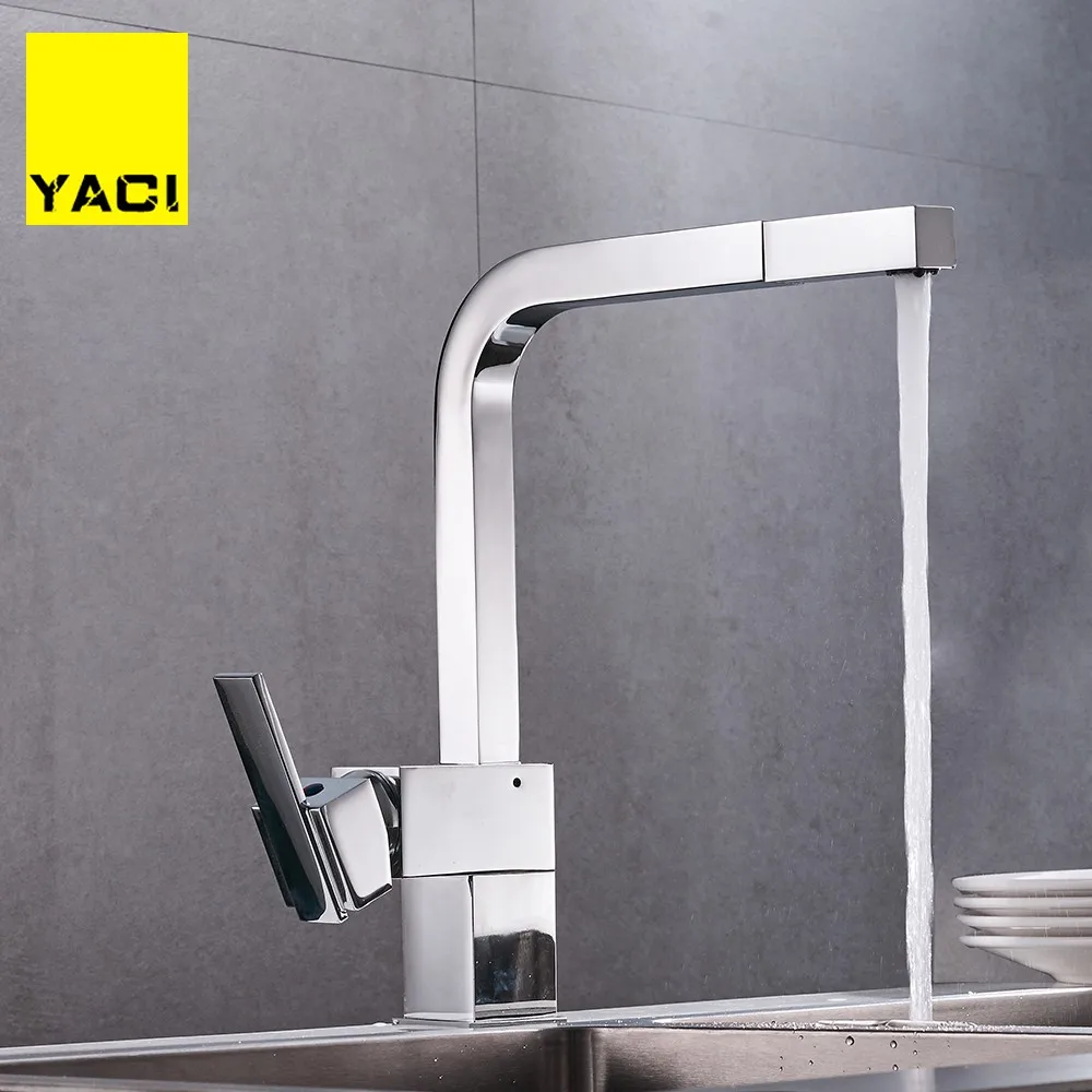 

YACI 17 New product chrome pull out kitchen faucet square brass sink kitchen faucets pull out Rotation Spray Mixer Tap