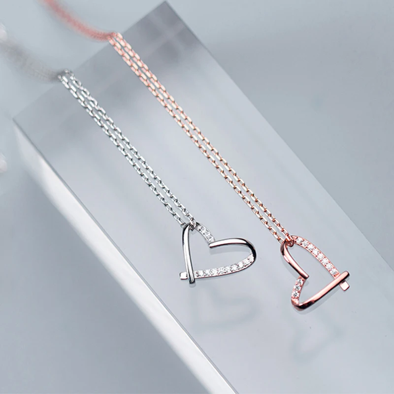 

S925 Sterling Silver open heart shape with crystal pendant necklace simple design elegant sweet clavicle chain for woman gift