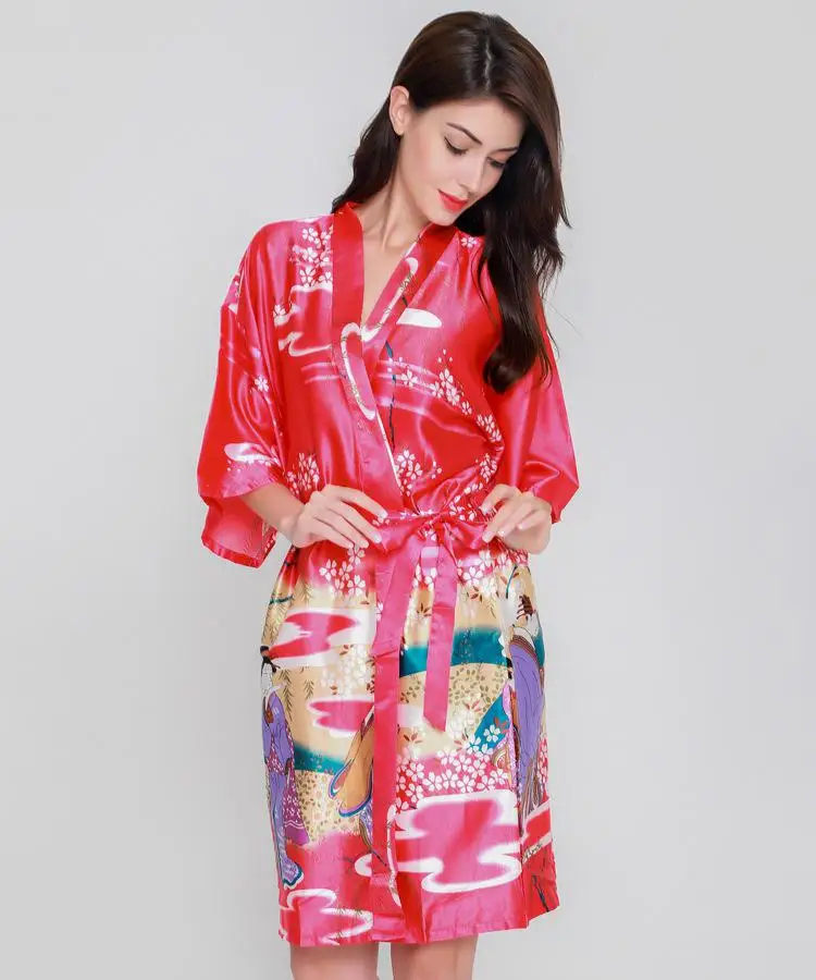 Сексуальный женский шелковый халат кимоно платье Ночная одежда стильный принт в китайском стиле одежда для сна летняя Цветочная ночная рубашка Night - Цвет: Red A