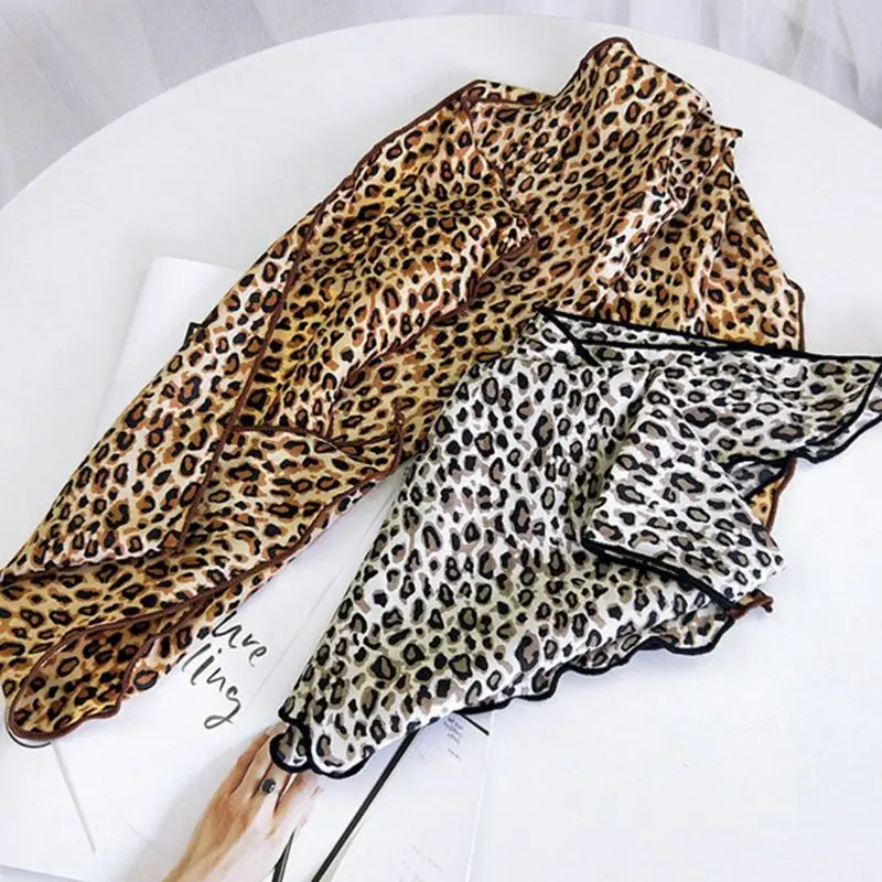 Women Leopard Printed Triangle Neck Scarf Bandana Kerchief Multifunction Hair Tie Chiffon Scarf