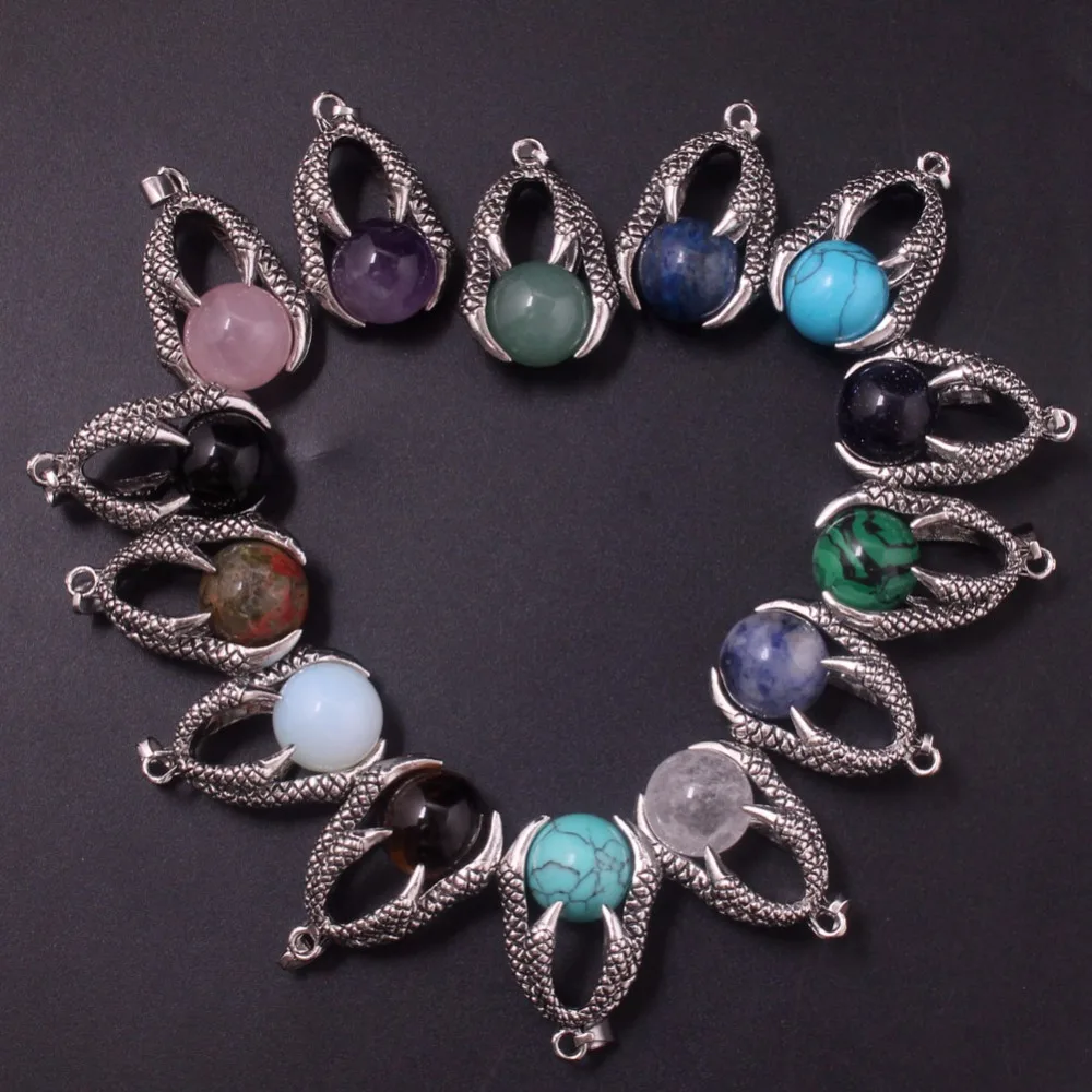 12pcs mix color Eagle Claw Clasping Bead Stone Pendant Lapis Lazuli Natural Stone Crystal Ball Necklace for Women Men  Wholesale