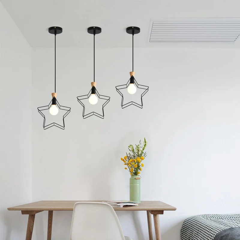 Nordic Cute Star Pendant Light Hanging Kid's Room Wood Light Kitchen Living Room Star Pendant Lamp Indoor Lights (9)