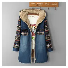 New Women’s Denim Winter Coat Autumn 2016 Casual Loose Print Patchwork Plus Velvet Thick Warm Long Denim Padded Jacket Female