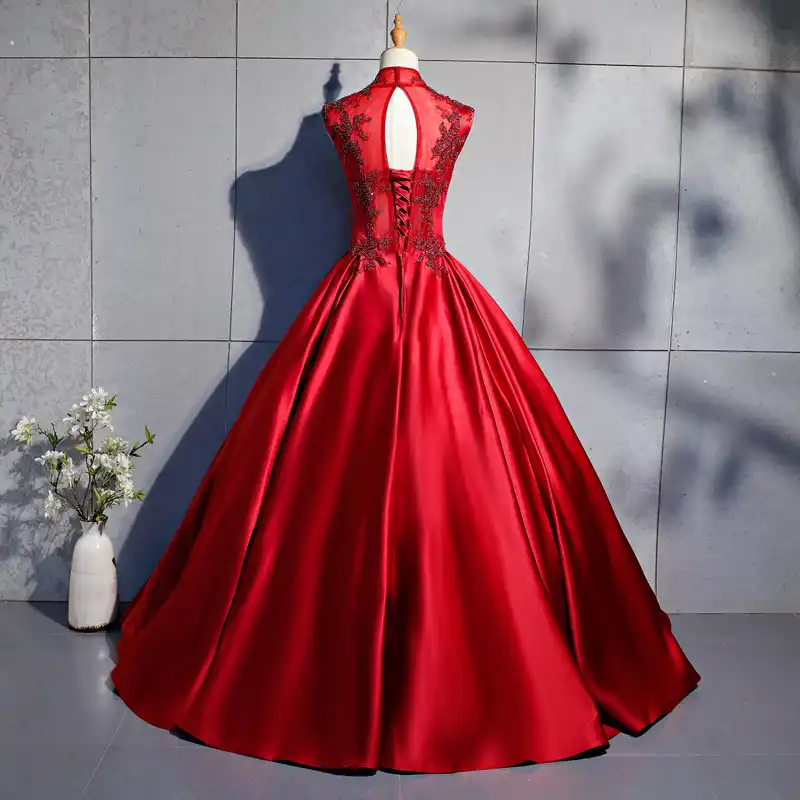 red satin ball gown