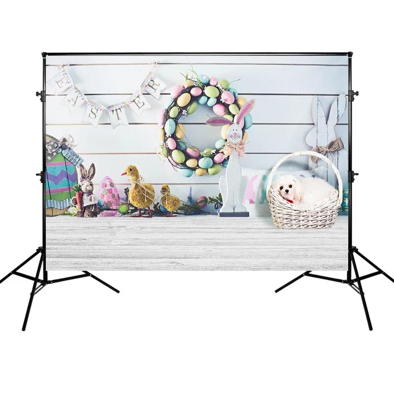 

Happy Easter Background Eggs and Rabbit Backdrop Wood Floor Background for Photo Studio Festive Decoration
