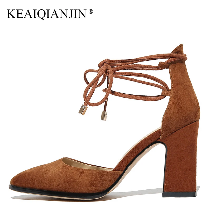 

KEAIQIANJIN Woman Genuine Leather Gladiator Sandal Fashion Black High Heels Party Shoes Plus Size 33-43 Summer Flats Sandals