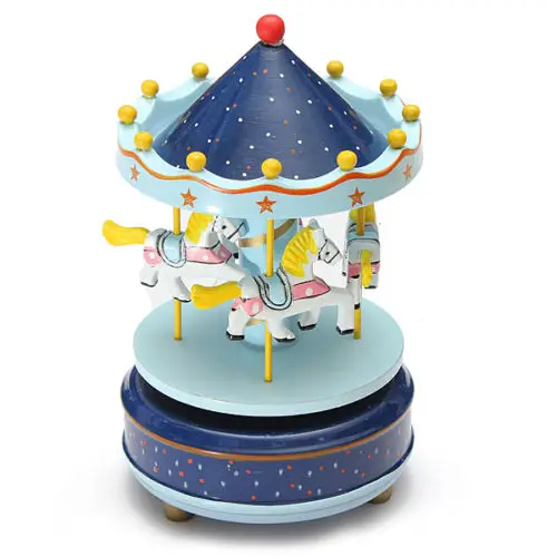 Горячая 4 лошади merry-go-круглая музыкальная шкатулка карусель детская игрушка лошадь деревянная музыкальная карусель копилка подарок на день рождения - Цвет: Синий