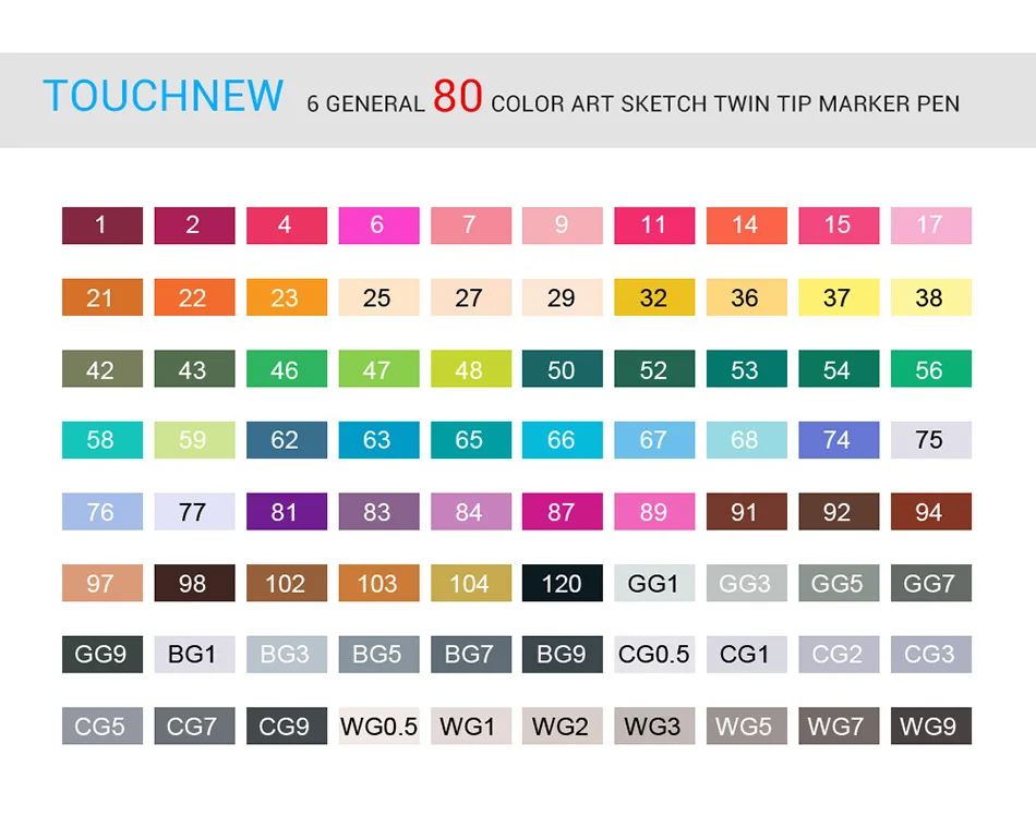 TOUCHNEW, 80 цветов, набор маркеров, Двойные наконечники, эскиз, на спиртовой основе, маркеры, общий дизайн, белый корпус+ сумка для переноски