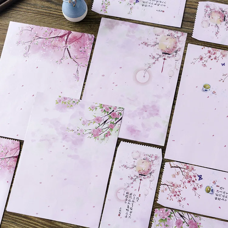 

12 Pcs/Set 4 Envelopes + 8 Writting Paper Beautiful Pink Flowers Envelope For Gift Korean Stationery