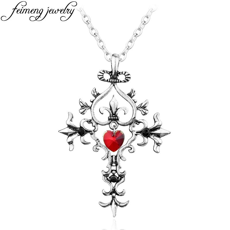 

Classic The Vampire Diaries Necklace Sacred Heart Lace Red Crystal Cross Pendant Gothic Punk Necklace Jewelry For Women And Men