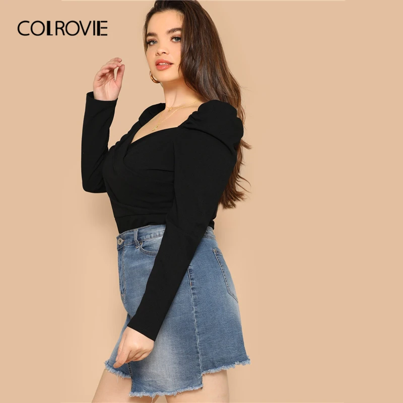 COLROVIE زائد حجم أسود الصلبة الحبيب أنيقة المرأة بلوزة قمصان 2019 الربيع الكورية نفخة الأكمام مكتب السيدات عارضة قمم COLROVIE زائد حجم أسود الصلبة الحبيب أنيقة المرأة بلوزة قمصان 2019 الربيع الكورية نفخة الأكمام مكتب السيدات عارضة قمم