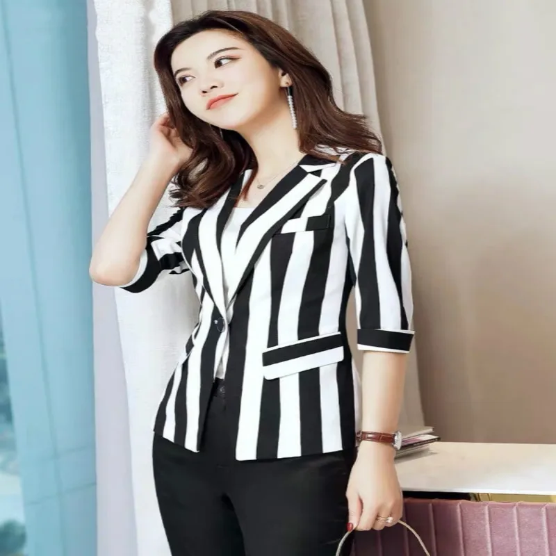 

Blazer feminino new style ladies OL temperament commute 7 points sleeve casual stripes professional suit office ladies jacket