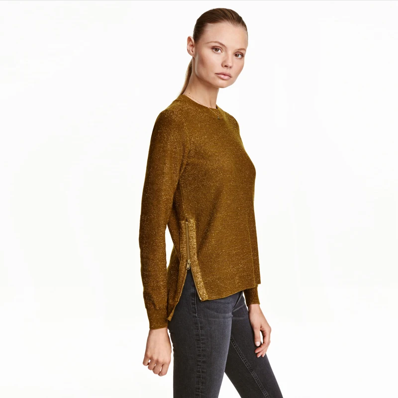 2018 Apparel Solid Gold Full Sweaters Women O neck Sleeve Zipper Side High low Lady Tops Loose