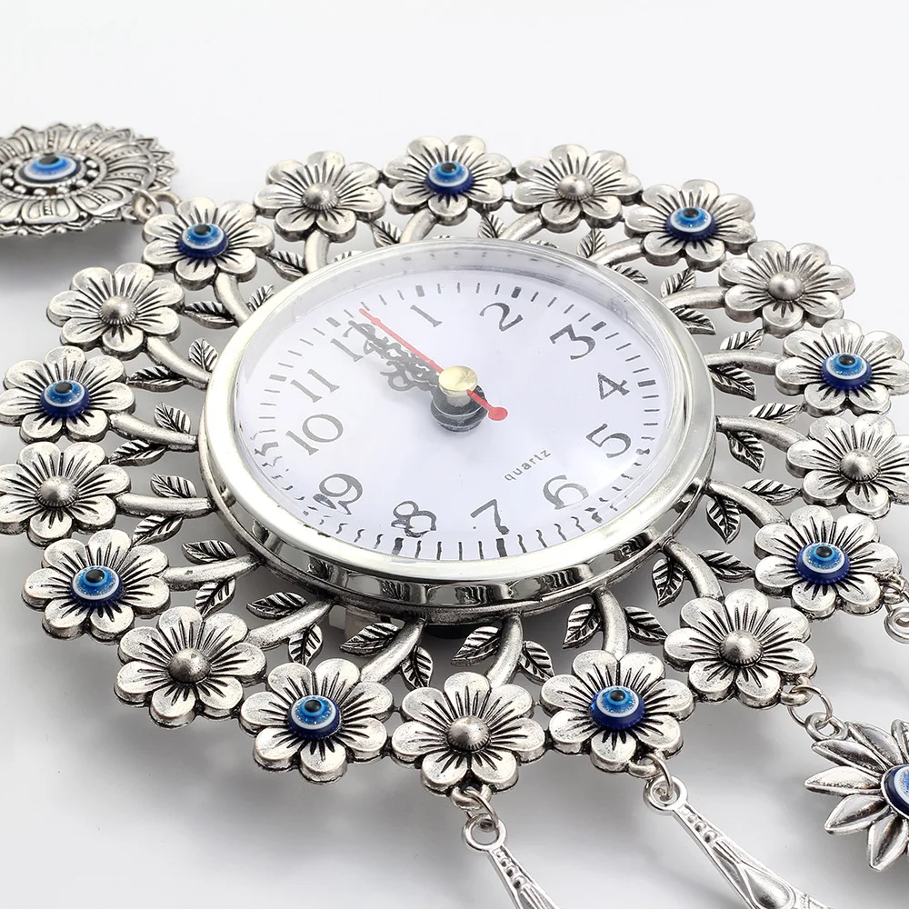 35 cm Turkish Nazar Glass Evil Eye Wall Clock Hanging Charm &Home Decor Peacock Tail Decoration