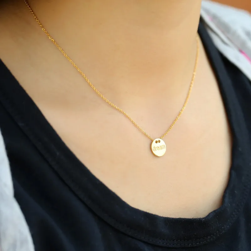 

Engraved letters dream necklace Gold Sliver chain Stainless Steel round pendant nameplate necklace Words Monogram Necklace