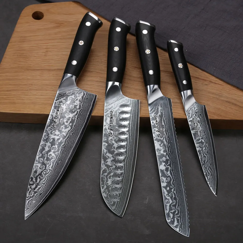 Набор кухонных ножей TURWHO, 4 шт., высокое качество, японский VG10, дамасская сталь, 8+ 7+ 8+ 5 дюймов, шеф-повара, сантоку, нож для хлеба, инструменты для повара - Цвет: 4PCS