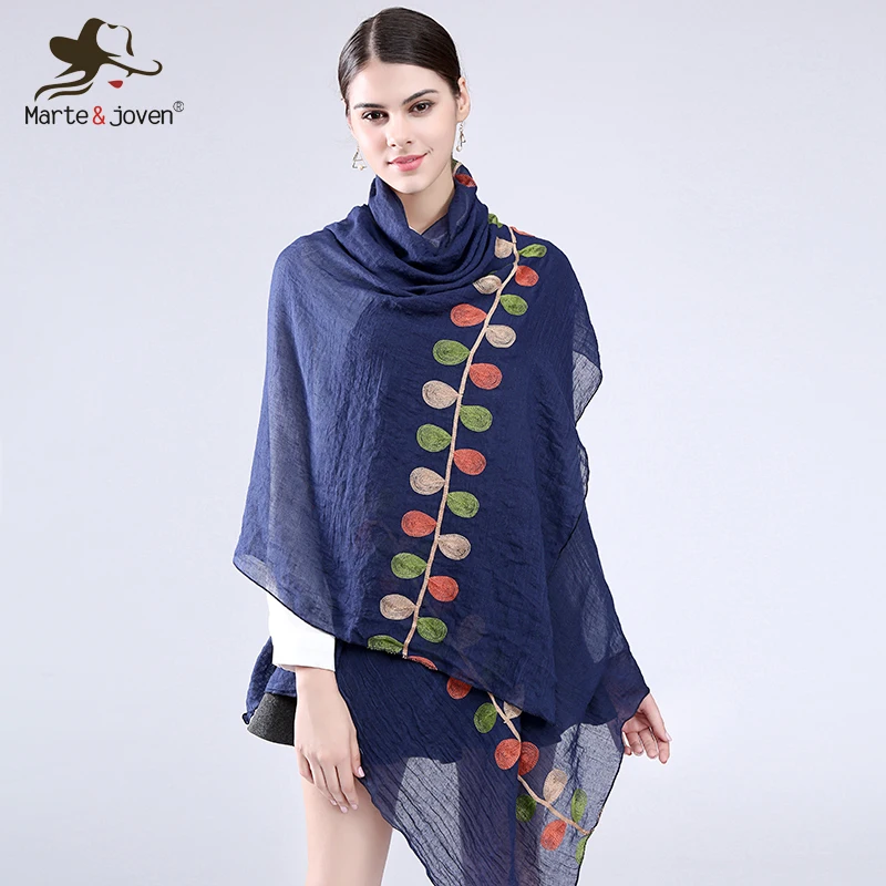 

Marte&Joven Color Leaf Embroidered Long Scarves and Wrap for women Fashion Design Casual Cotton Blends Scarf and Shawls