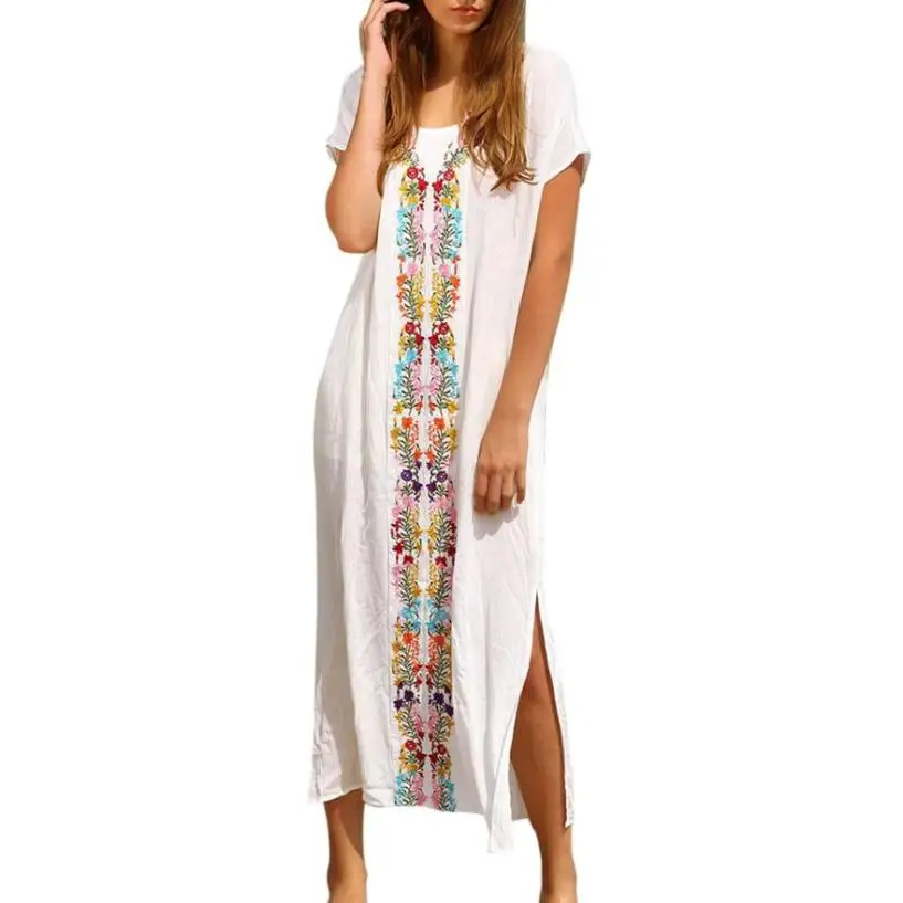 

Beachwear Women Boho Maxi Long Sundress Fashion Embroidered Flower Casual Loose Dresses Lady Short Sleeve Beach Party Dress #Ju