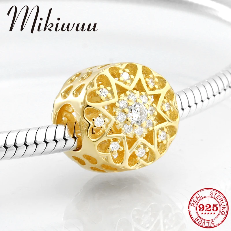 

925 Sterling Silver Love hollow crystal Zircon gold color fine beads Jewelry making Fit Original Pandora Charm Bracelet