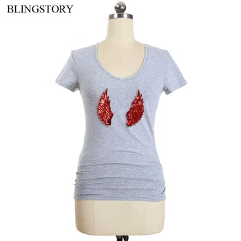 

BLINGSTORY Cotton Women Camiseta Oversized Feminina Short Sleeve Tops V-neck Sequin T-shirt S-6XL LP520115