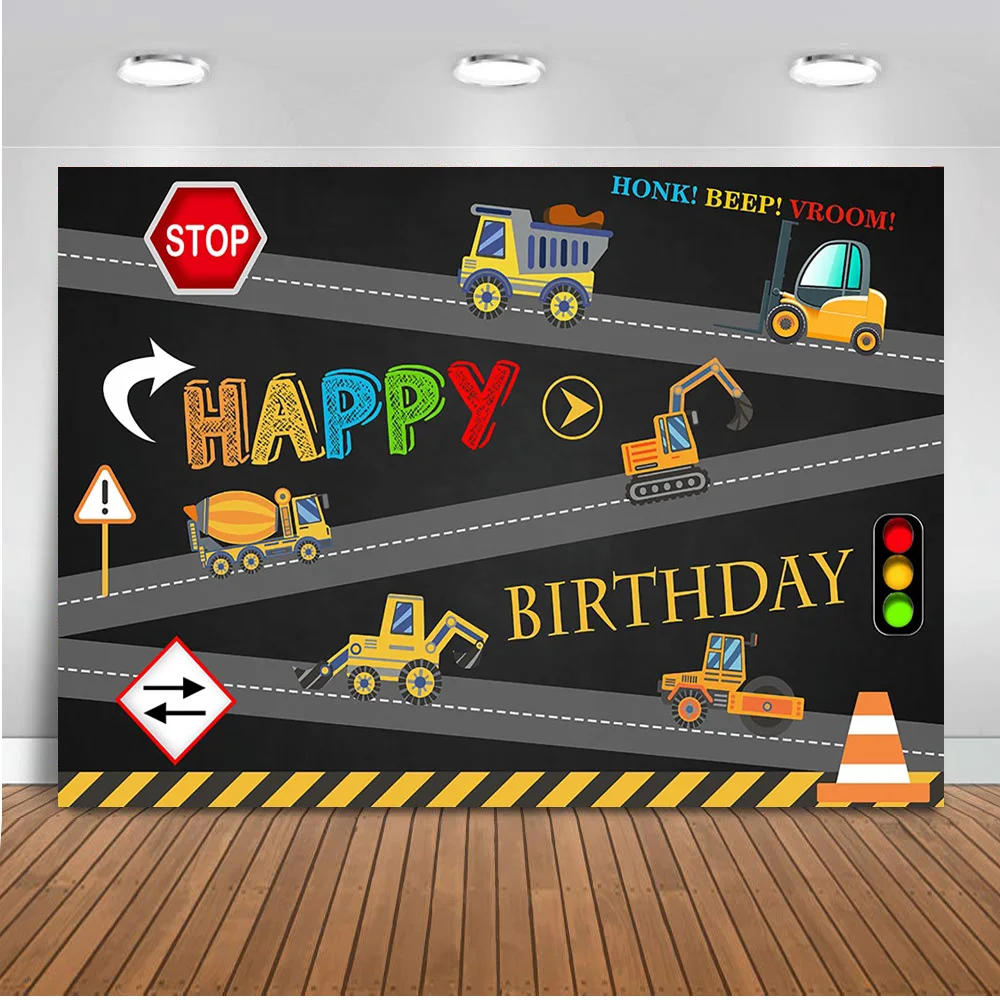

Neoback Construction Photography Backdrop Birthday Party Banner Background Dump Truck Digger Excavator Boy Kids Party Prop AN797