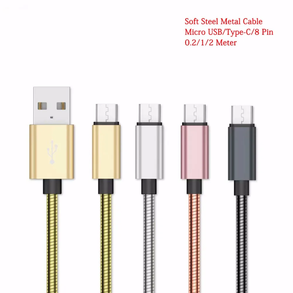 

For Iphone USB Cable 0.2/1/2M Micro USB/Type C 2.4A Fast Charger Data Cable Soft Steel Cord For Samsung LG SONY XIAOMI Zenfone