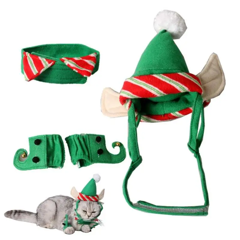 Комплект из 4 предметов, костюмы для домашних животных, милые костюмы для кошек Ely, костюмы для дома, вечерние, рождественские фестивали, зеленый зажим, шапка для кошек, декоративная собачка с ушками