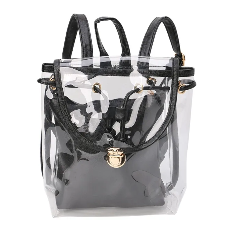 Для женщин 2 в 1 прозрачный рюкзак с затягивающим шнуром, прозрачный, для путешествий пляжные рюкзак сумка - Цвет: Черный