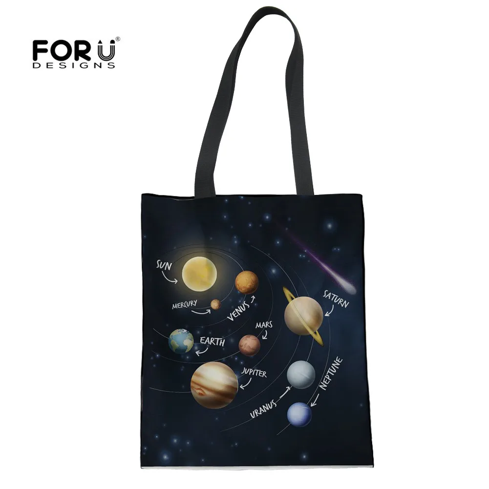 

FORUDESIGNS Universe Women Shopping Canvas Shoulder Bag Planet Printing Fashion Handbag For Ladies Linen Cartoon Messenger Bags