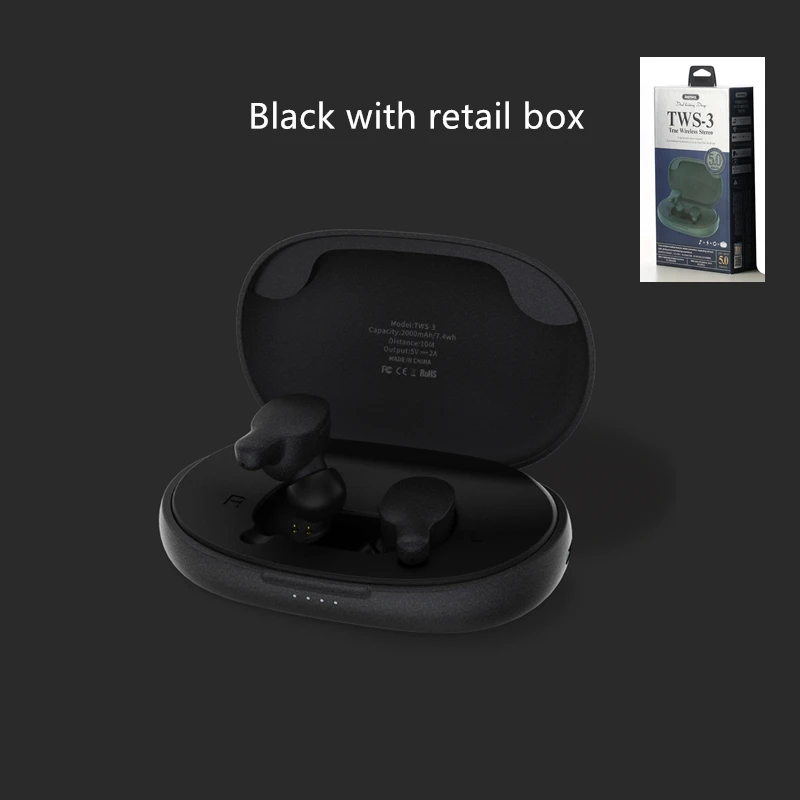 Remax TWS-3, беспроводная гарнитура, Bluetooth, наушники, наушники-близнецы, наушники с зарядным устройством, 2000 мА/ч, внешний аккумулятор для телефона - Цвет: black with retailbox
