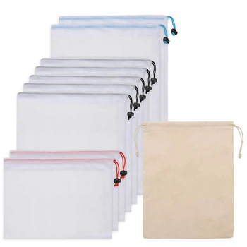 

10 Pack Reusable Mesh Produce Bags with Drawstring Fruit Vegetable Storage Bag,Through Grocery Shopping Bags,Washable Bags For