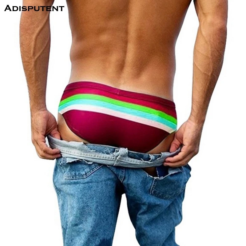 

Adisputent 2019 Men's Summer Low Rise Beach Brief Bathing suit Print Striped Homme Bikini Briefs Swimming Shorts Male Bottom