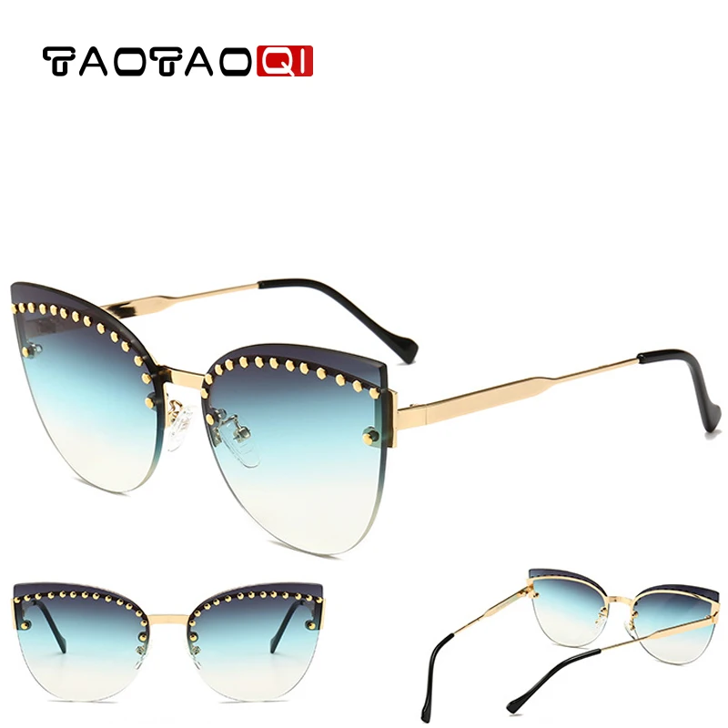 TAOTAOQI женские солнцезащитные очки без оправы с заклепками, градиентные брендовые дизайнерские солнцезащитные очки «кошачий глаз» для женщин, Винтажные Солнцезащитные очки UV400 Oculos
